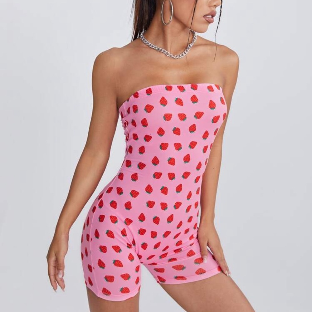 SHEIN Pink Strawberry Print Romper